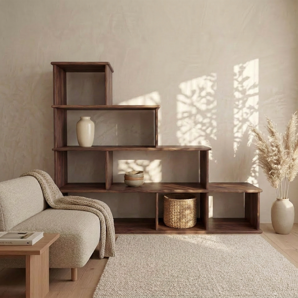 A minimalist living room features a beige sofa, a solid walnut coffee table, and the Step bookshelf in walnut displaying vases and a basket. A tall vase with pampas grass sits nearby while sunlight streams through the window, casting shadows on the wall.