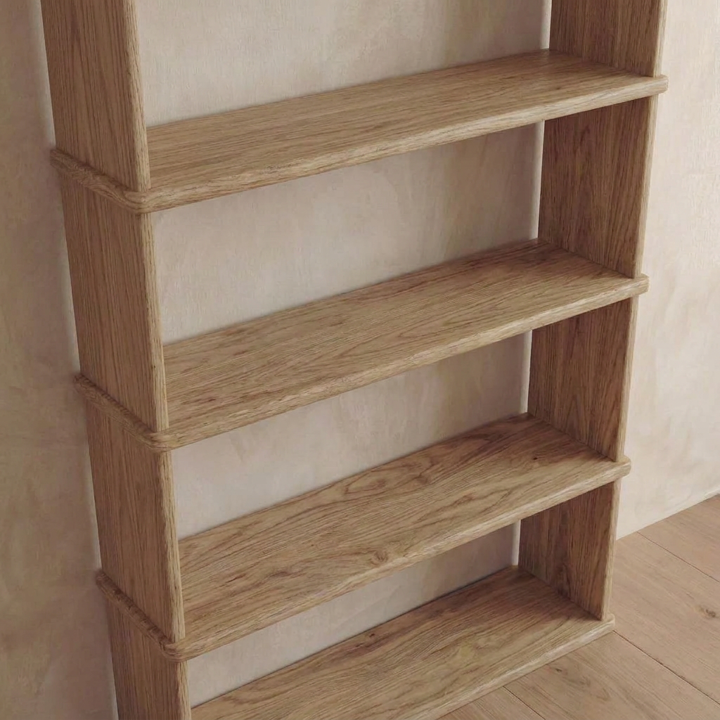 A 6 shelf bookcase in white oak stands against a light-colored wall on a wooden floor.