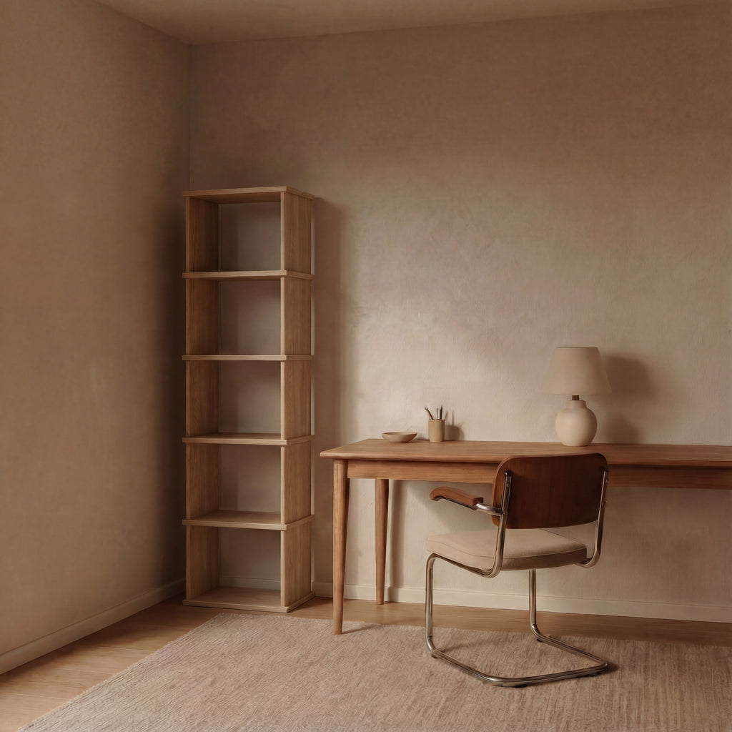 white oak bookcase in office