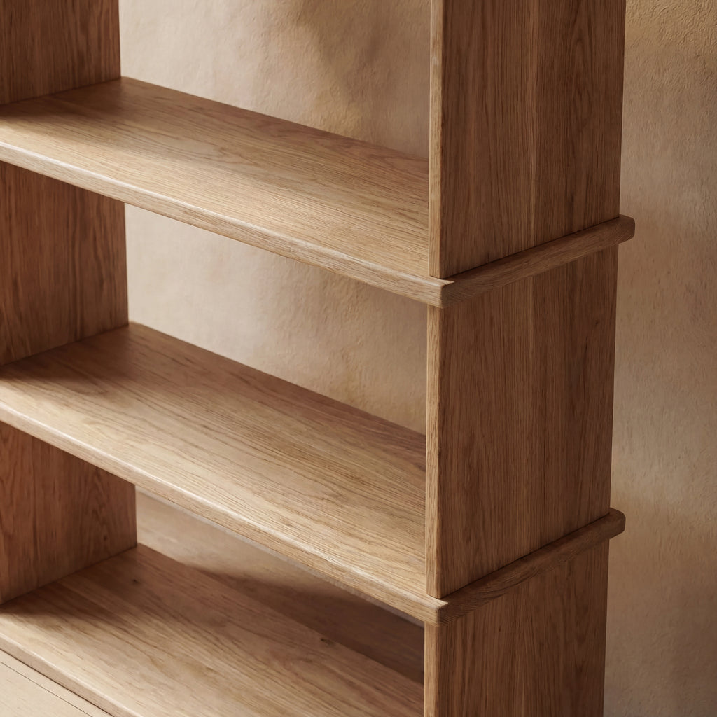 white oak bookshelf close up