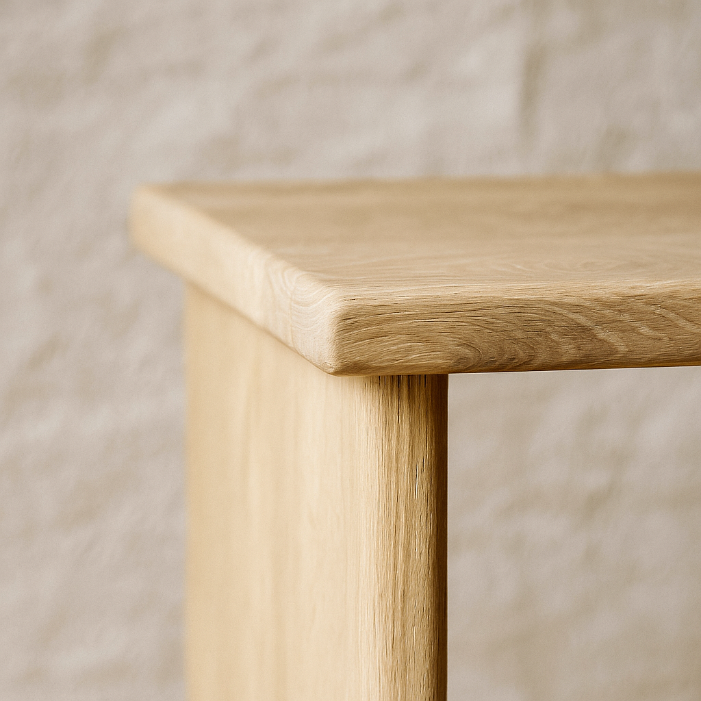 Close-up of a solid white oak bookshelf
