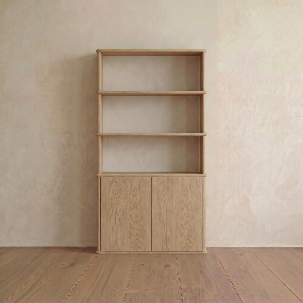 Introducing the Cabinet bookshelf in white oak—handmade with three open shelves and a closed cabinet at the base, this minimalist piece brings timeless Vancouver furniture style to your space as it stands elegantly against a neutral-toned wall on a wooden floor.