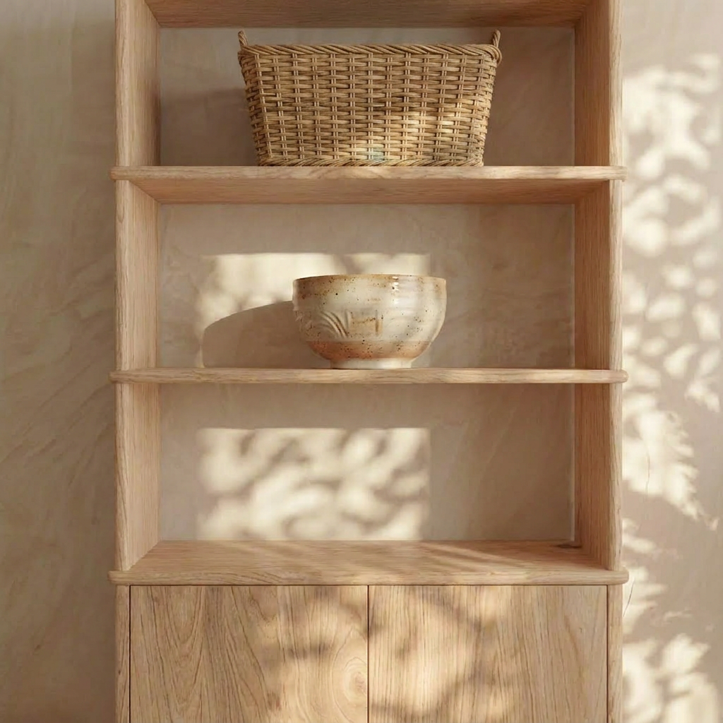 A Cabinet bookshelf in white oak holds a wicker basket on the top shelf and a ceramic bowl on the middle shelf. Dappled sunlight and leafy shadows fall across the shelves and wall, creating a serene, natural atmosphere that highlights the quality craftsmanship of Vancouver furniture.