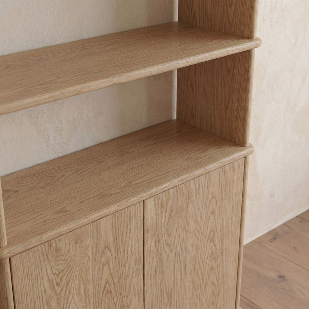 Cabinet bookshelf in white oak with two open shelves and a lower cabinet, placed against a textured beige wall on a wooden floor. This handmade shelving unit showcases a simple and modern design, making it an ideal choice for adding functional elegance to any space.