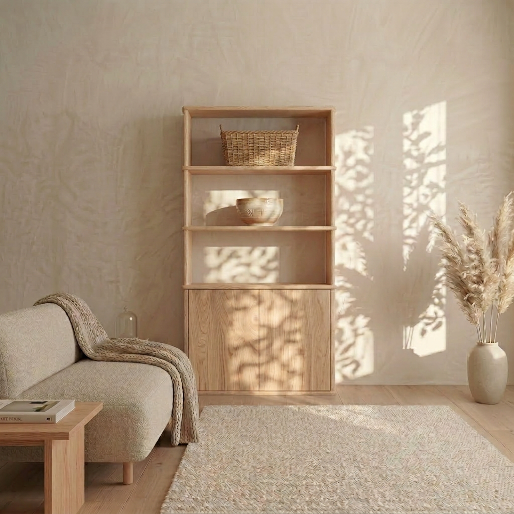 Minimalist living room featuring a beige sofa, a cabinet bookshelf in white oak adorned with a basket and bowl, pampas grass arranged in a vase, and sunlight casting leaf-shaped shadows across the wall and floor.