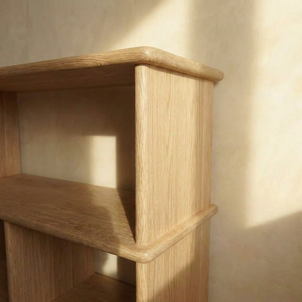 A close-up of the Console bookcase in white oak, handmade with solid wood, as soft sunlight casts a rectangular shadow on the cream-colored wall behind it.