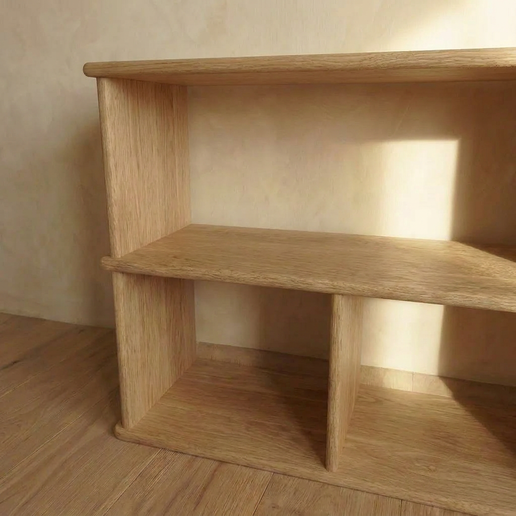 The Console bookcase in white oak features a minimalist handmade design with two horizontal shelves and two vertical dividers. Placed against a beige wall, sunlight casts soft shadows on its back panel and floor.
