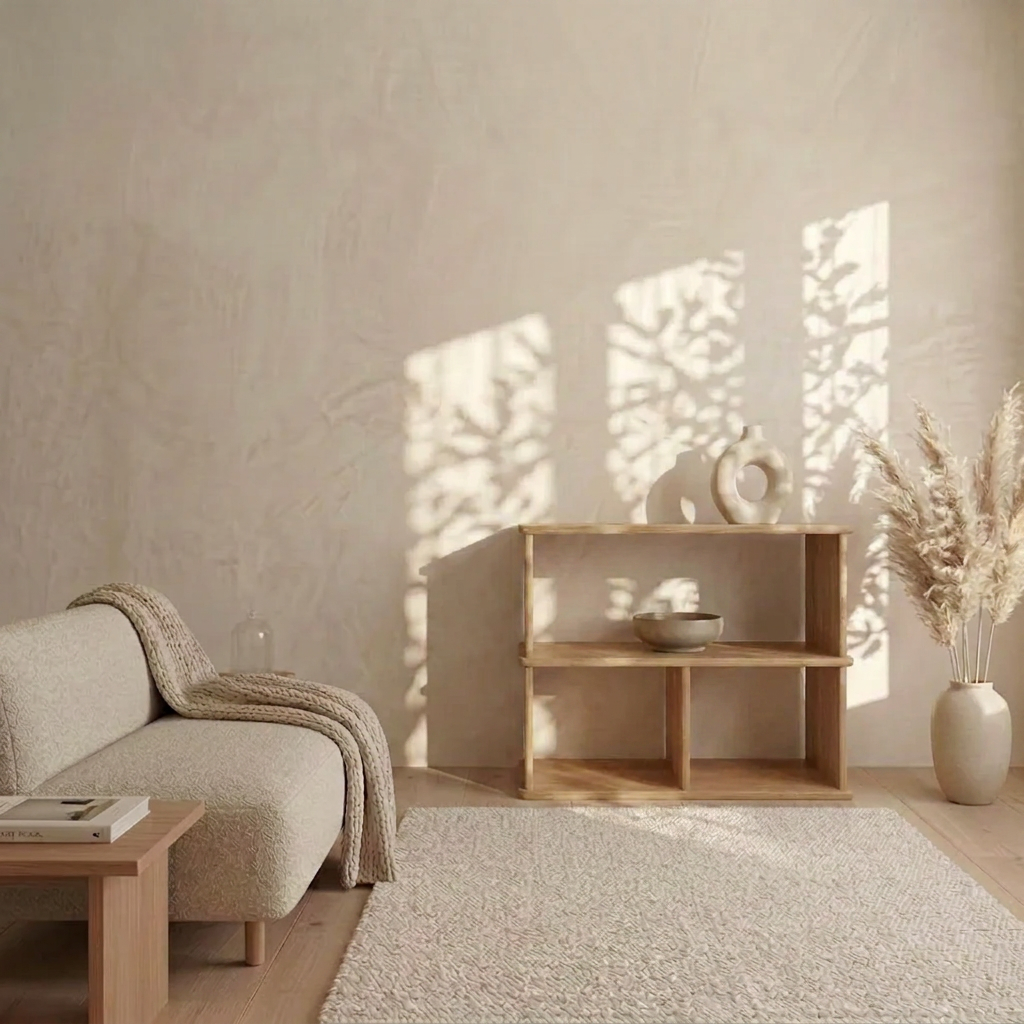 Minimalist living room with beige walls, a light sofa, textured rug, and a Console bookcase in white oak displaying vases. A vase with pampas grass and sunlight casting leafy shadows create a warm, calm atmosphere.