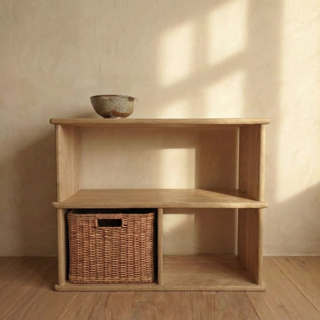 The Console bookcase in white oak is a small handmade piece featuring a ceramic bowl on top and a woven basket in the lower left compartment, set against a beige wall with sunlight casting soft shadows.
