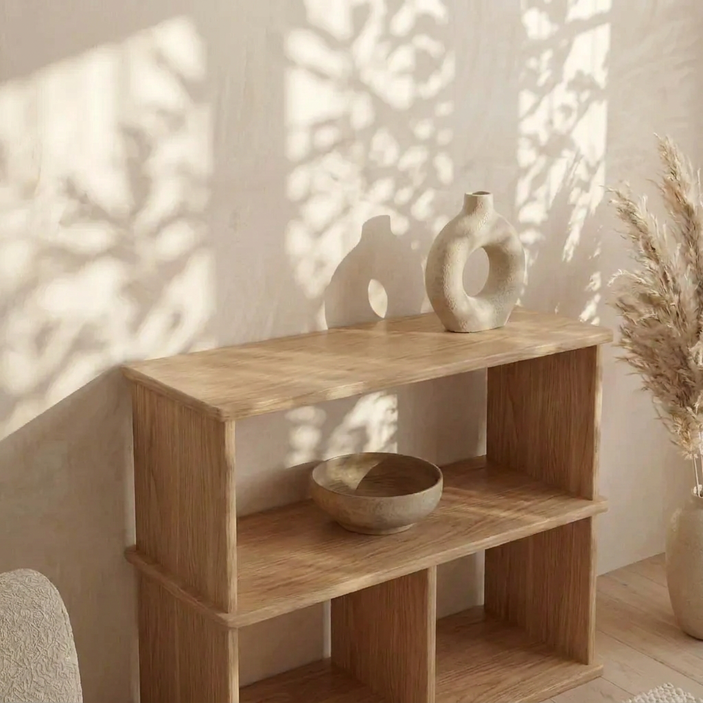 A console bookcase in white oak displays two abstract vases and a bowl, sunlight casting leafy shadows nearby. Dried pampas grass beside the shelf completes this warm, minimalist, natural decor scene.