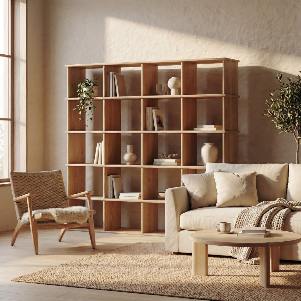 white oak cube bookcase living room