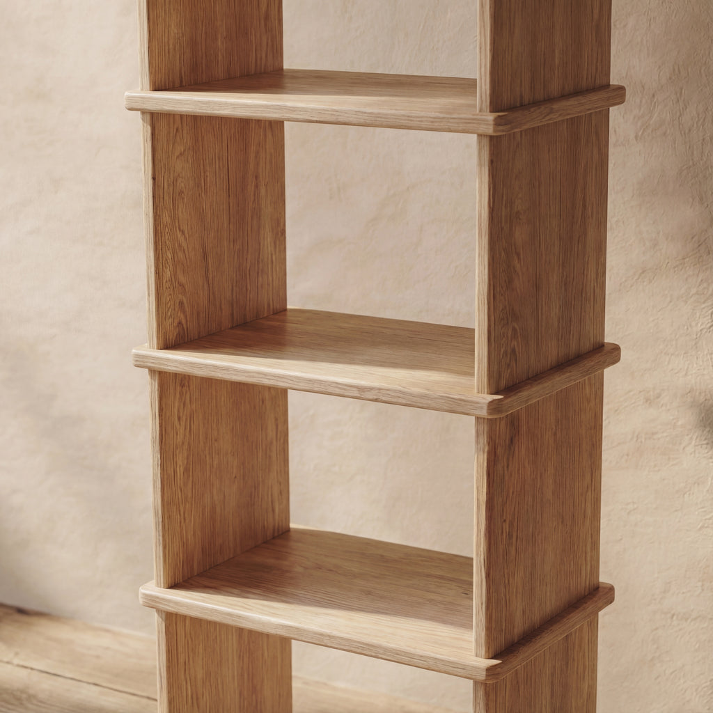 white oak hardwood bookcase up close