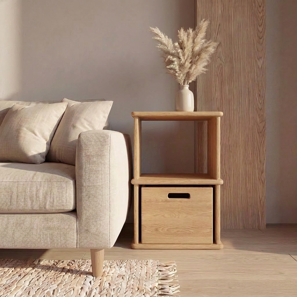A beige sofa with plush cushions sits beside a Nightstand bookshelf in white oak, topped with a vase of dried pampas grass. A woven rug on the wooden floor completes this cozy, minimalist living space.