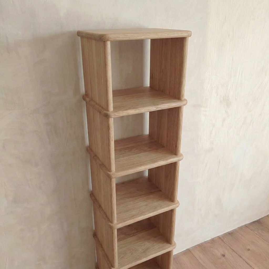 The tall narrow bookcase in white oak, handmade in Vancouver, features five square open compartments and rounded corners. It stands against a light wall on a wooden floor, highlighting its beautiful natural finish.