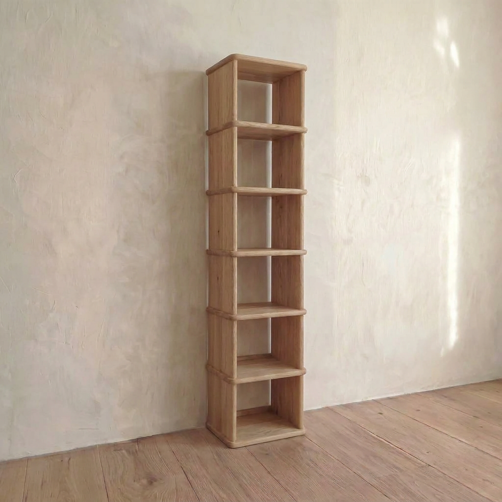 The Tall narrow bookcase in white oak features six open square shelves and stands against a light-textured wall on a wooden floor in a minimalist room, handcrafted in Vancouver.