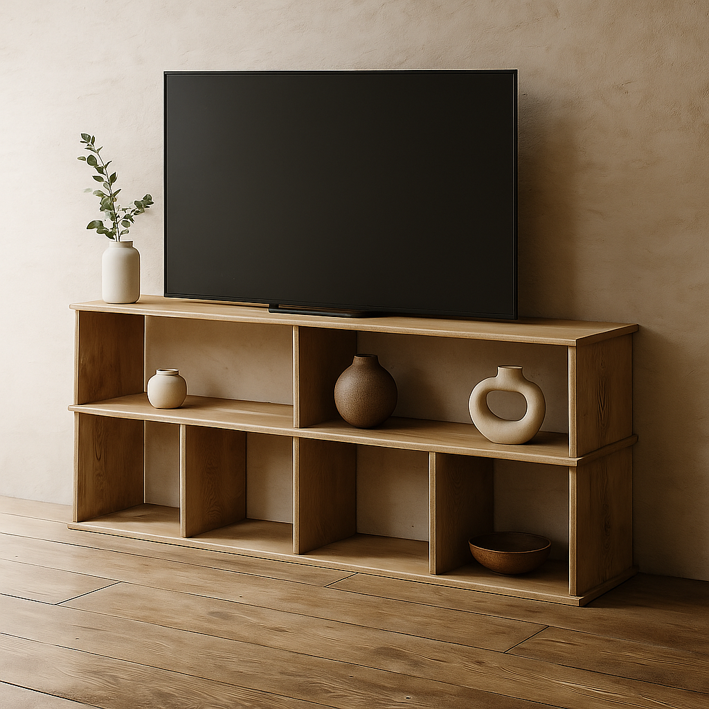 white oak tv stand with decorations