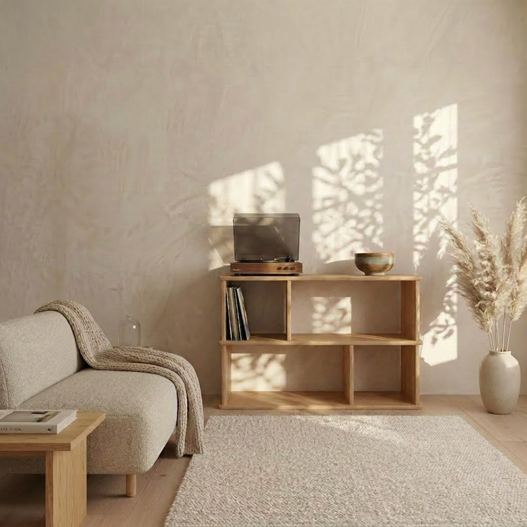 A minimalist living room with a light beige sofa, a small solid white oak table, a vinyl record bookcase in white oak holding a turntable and bowl, a vase of dried pampas grass, and leaf-shaped sunlight shadows on the wall.