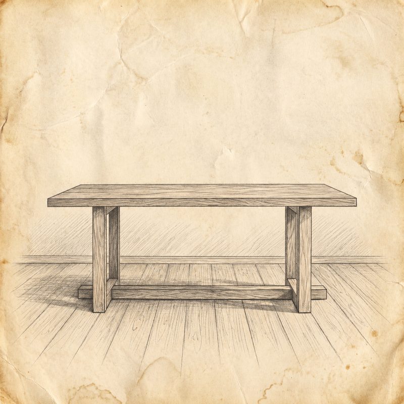Sketch of a dining table with open leg frames joined by a stretcher